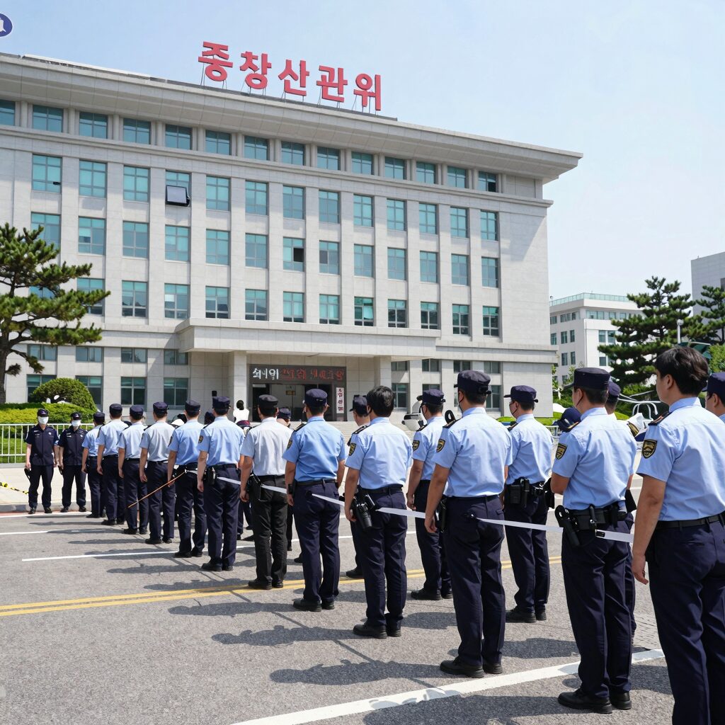 중앙선관위 건물 앞에서 검찰이 압수수색을 진행하는 모습