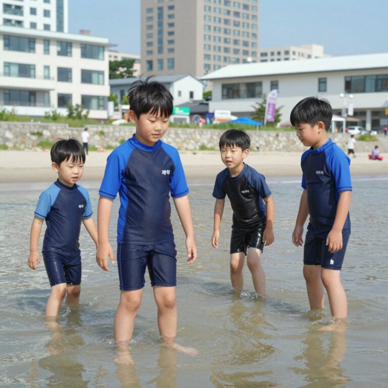 네파 키즈 래쉬가드 집업을 입고 물놀이하는 아이