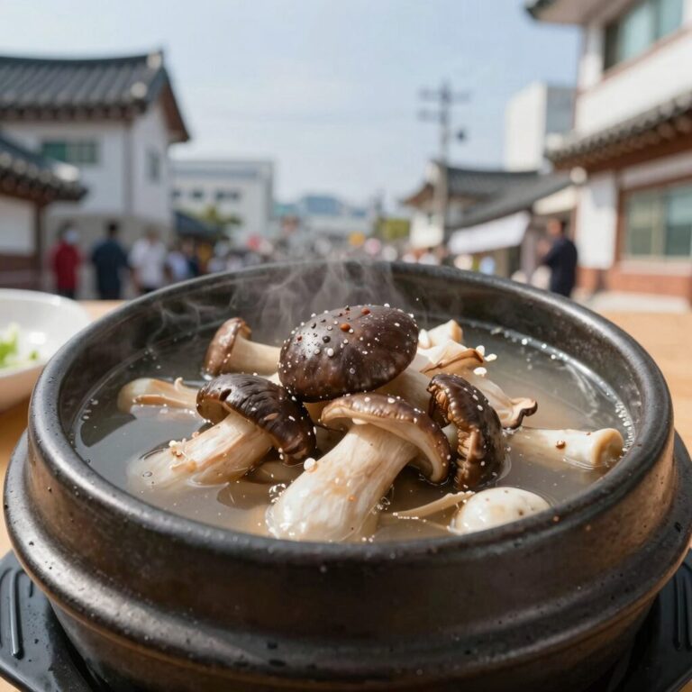 능이버섯이 올라간 삼계탕 뚝배기 사진