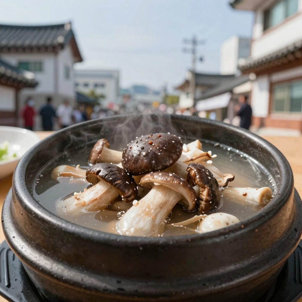 능이버섯이 올라간 삼계탕 뚝배기 사진