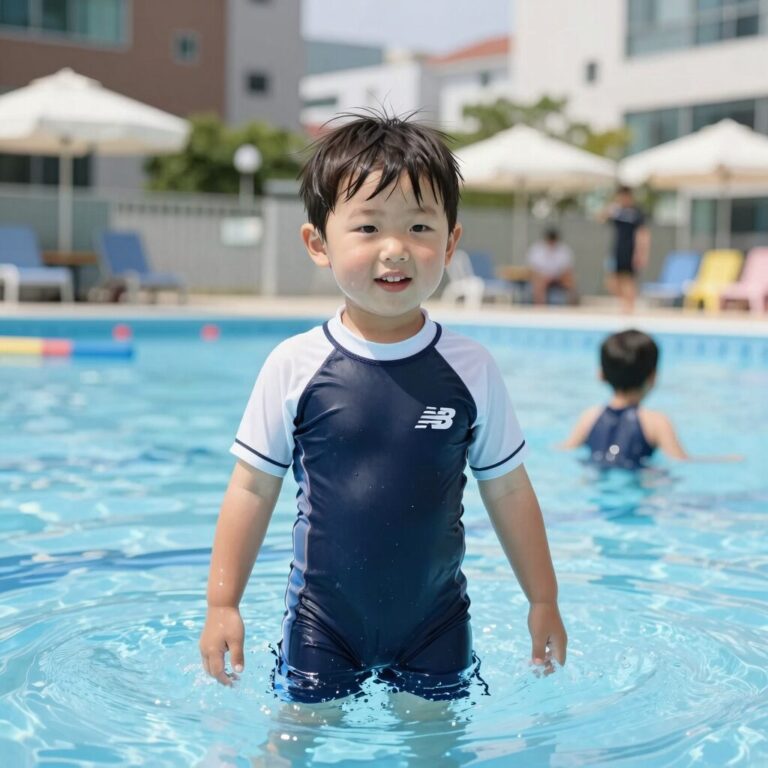 뉴발란스키즈 래쉬가드 110 사이즈를 입고 물놀이하는 5세 아이 사진