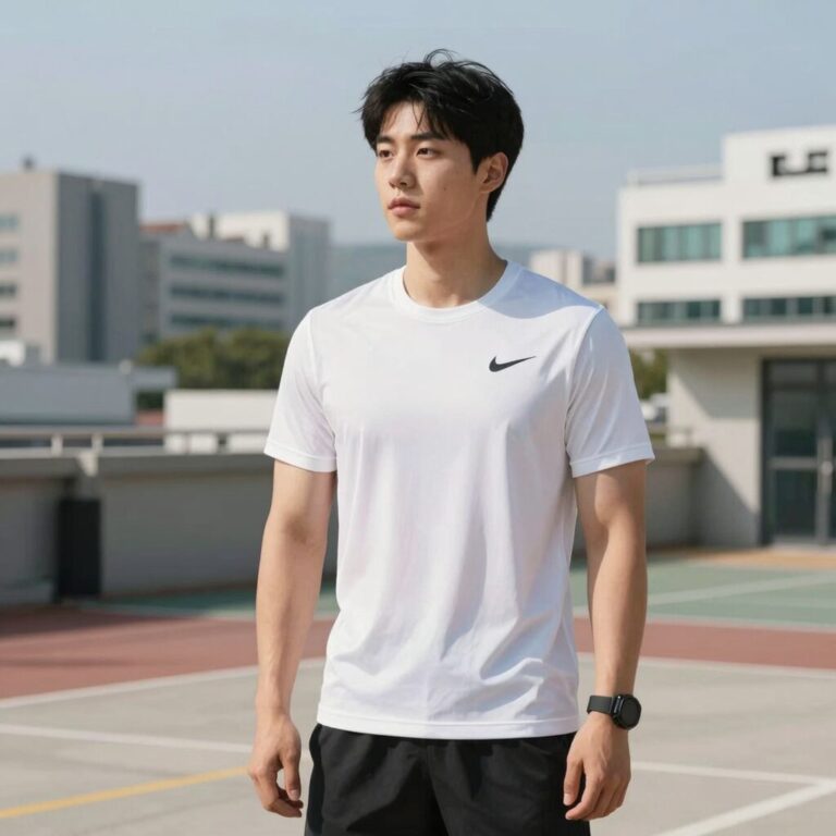 나이키 민소매 티셔츠를 입고 헬스장에서 운동하는 모습