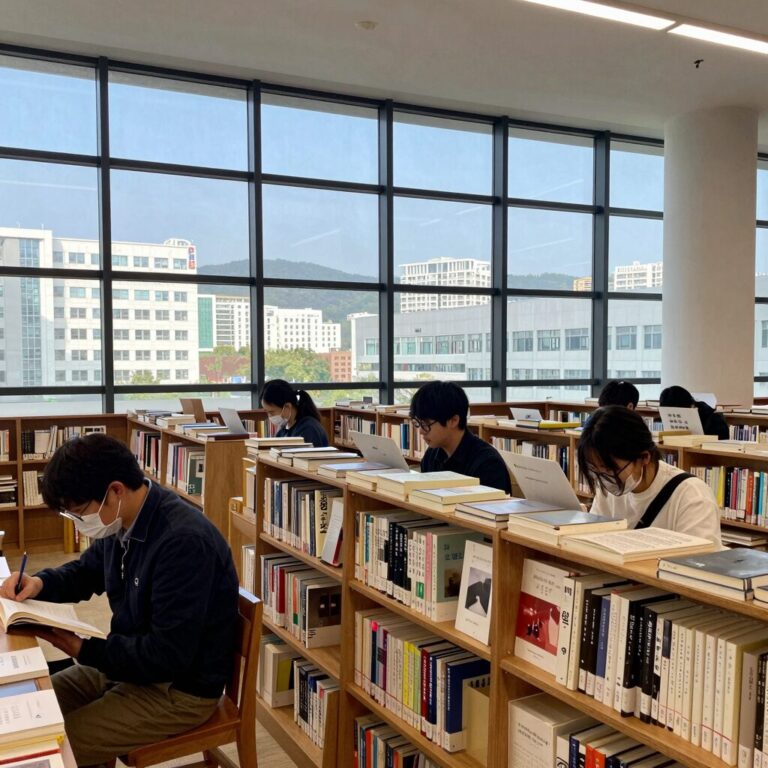 정독도서관 노벨문학라운지 열람 공간에서 한강 작가 도서를 살펴보는 모습