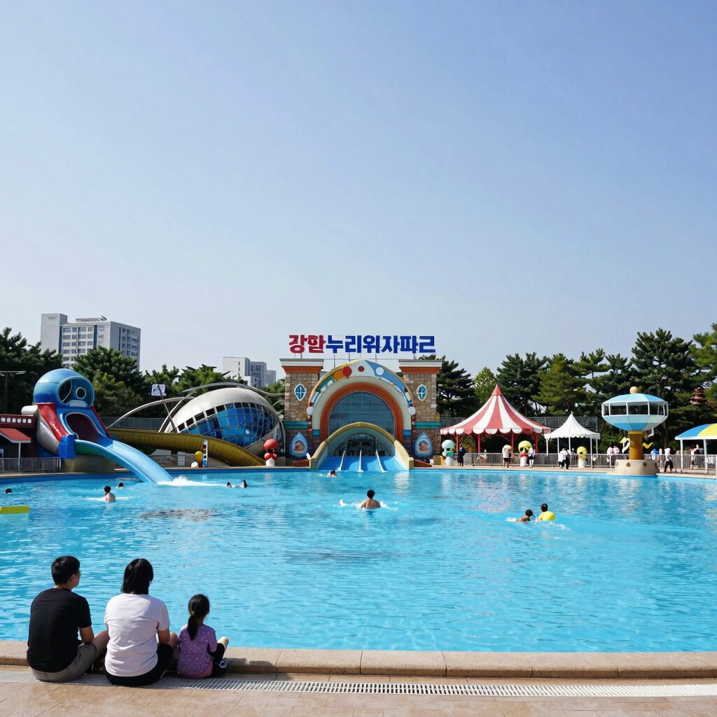 강화누리워터파크 전경으로 방갈로와 풀장이 함께 보이는 사진