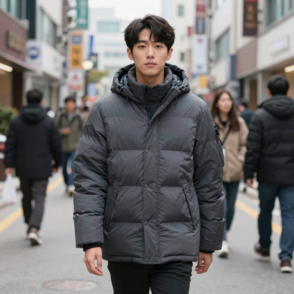 겨울철 구스다운 점퍼를 여름 시즌 오프 행사에서 구매하는 장면을 담은 사진