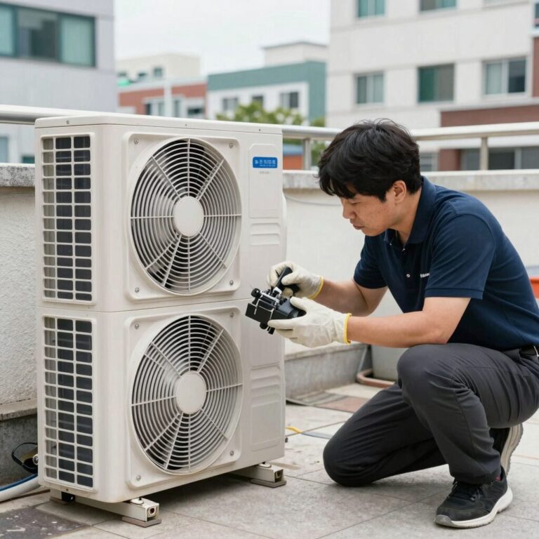 실외기 소음 점검을 위해 베란다 실외기 앞에서 팬과 모터 상태를 살펴보는 모습