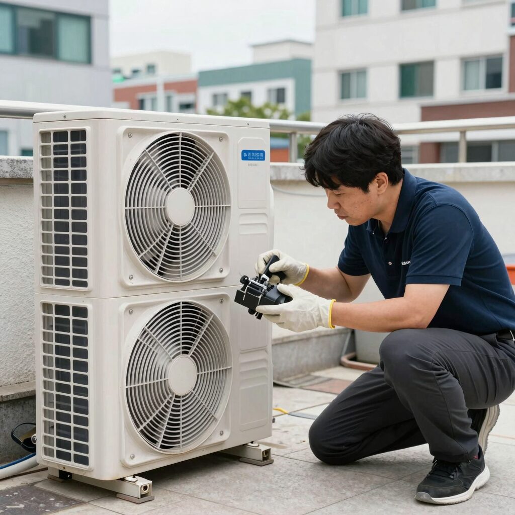 실외기 소음 점검을 위해 베란다 실외기 앞에서 팬과 모터 상태를 살펴보는 모습