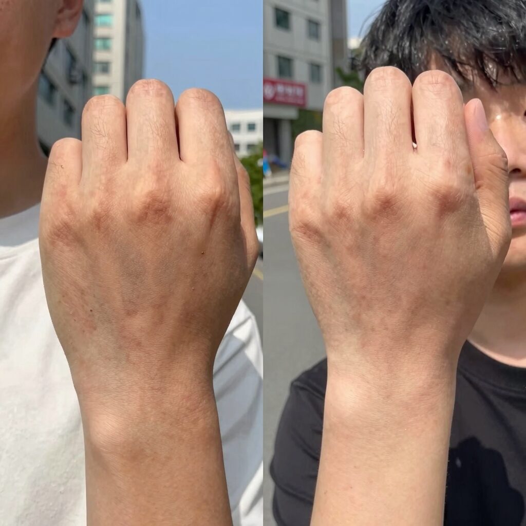 복숭아를 손에 들고 있는 모습과 피부 발진 비교 사진