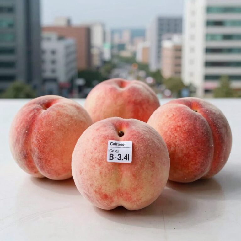 Fresh peach fruit on table with calorie information