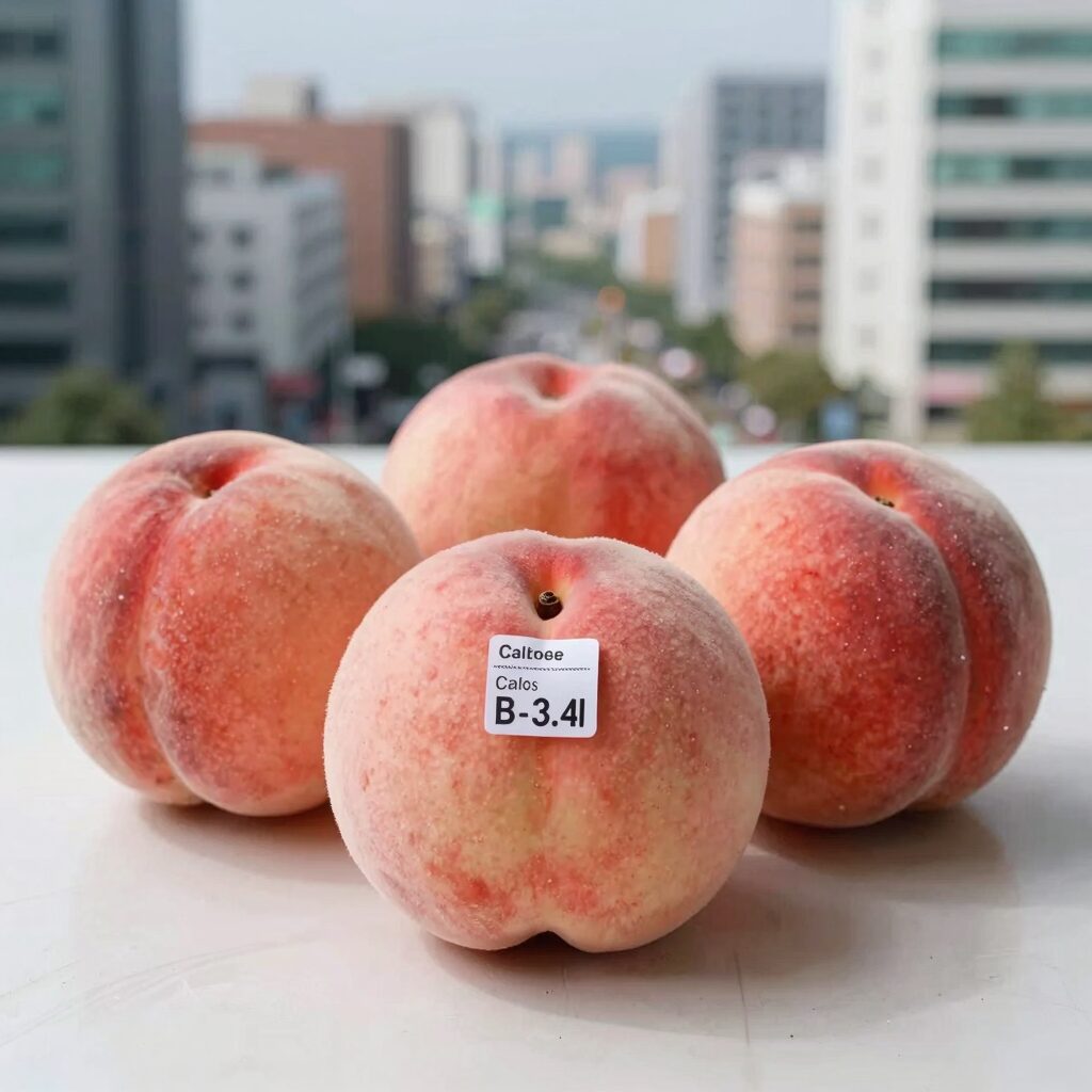 Fresh peach fruit on table with calorie information