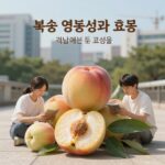 여름 복숭아 효능 하루 섭취량 주의사항 복숭아 영양성분과 효능을 설명하는 인포그래픽 이미지