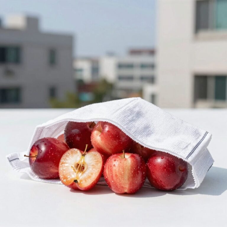 유기농복숭아 냉장 보관 시 꼭지 부분을 아래로 두고 키친타월로 감싼 모습