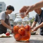 집에서 만드는 복숭아 통조림 만들기 끓인 복숭아 통조림을 유리병에 담는 과정 사진