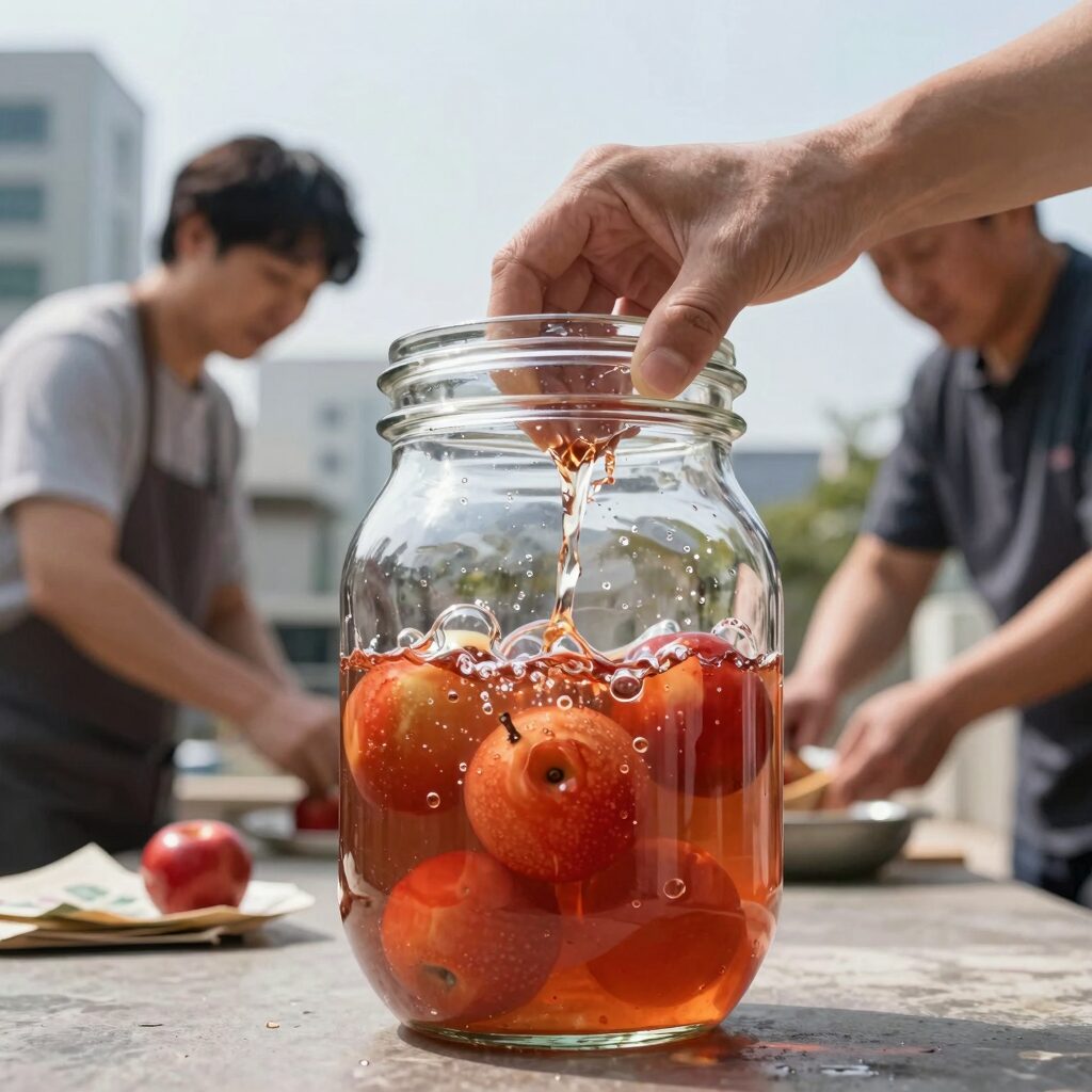 끓인 복숭아 통조림을 유리병에 담는 과정 사진