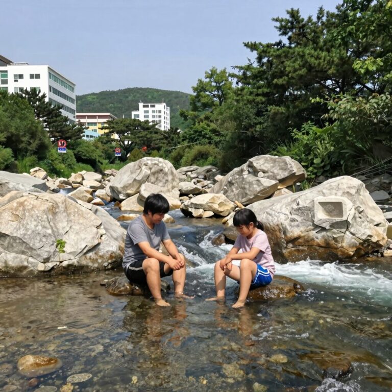 원주 금강산펜션 평상에서 바라본 계곡 전경과 시원한 물놀이
