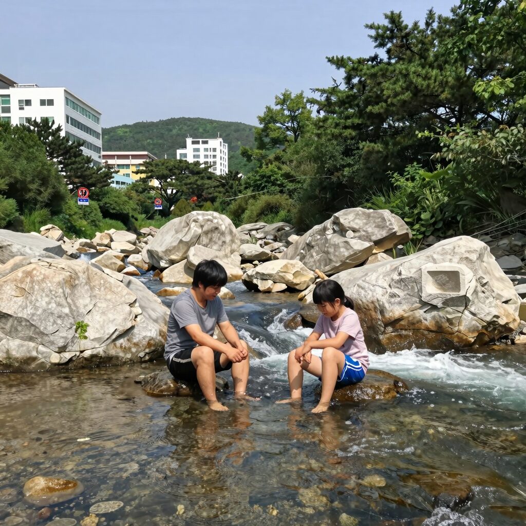 원주 금강산펜션 평상에서 바라본 계곡 전경과 시원한 물놀이
