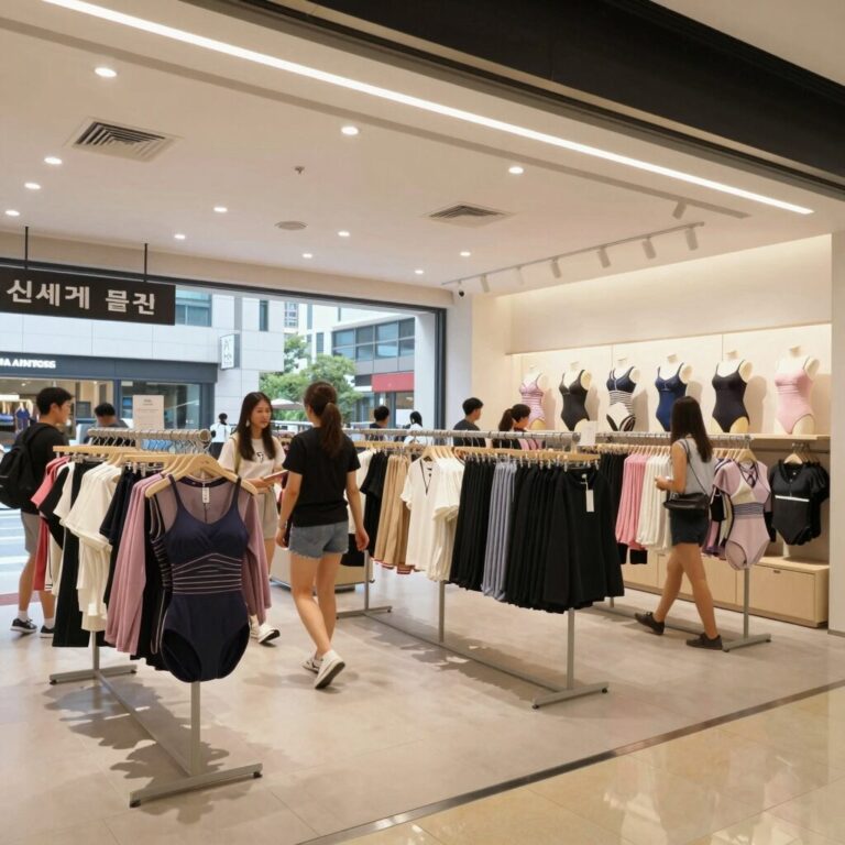 신세계 강남점 플라주 팝업스토어 내부 전경과 다양한 스윔웨어 진열