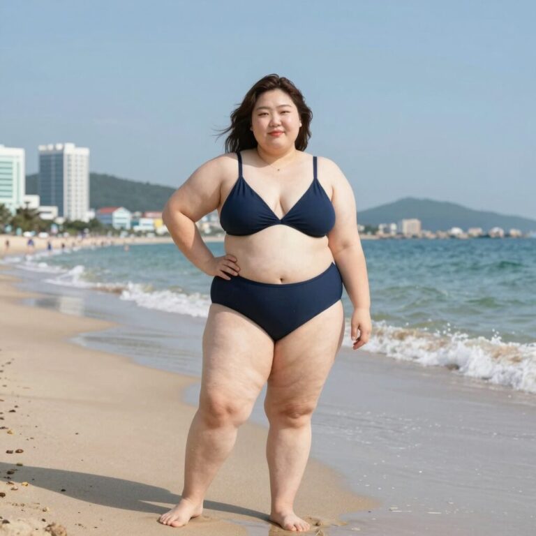 플러스사이즈 여성이 빅사이즈비키니를 입고 해변에서 포즈를 취하는 모습