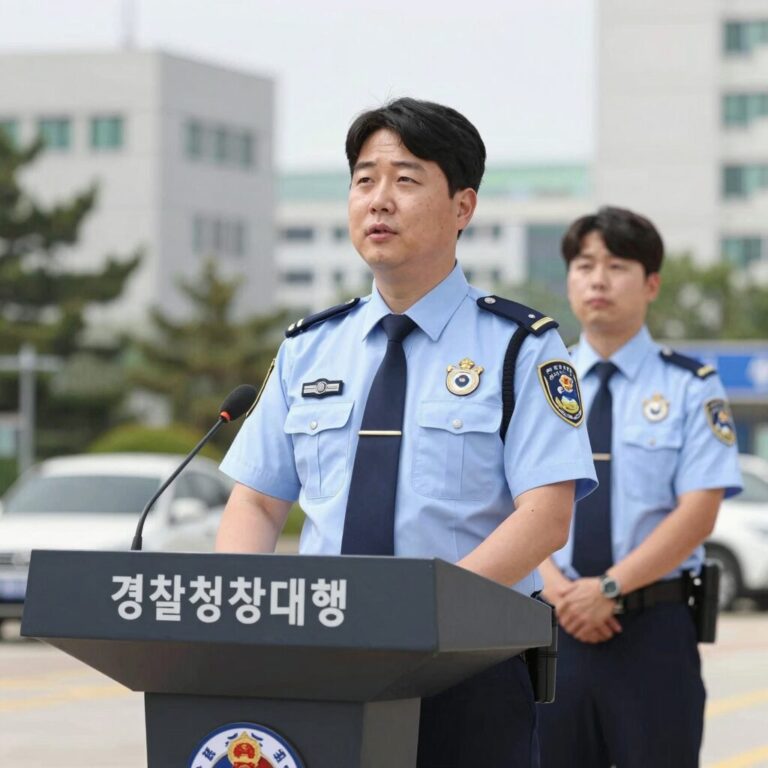 경찰청장대행이 발언하는 모습, 경찰 로고와 함께 권위적이지만 신뢰를 주는 이미지