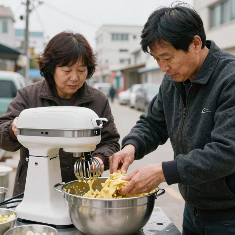 믹서기로 간 감자와 양파 반죽을 체에 거르는 모습