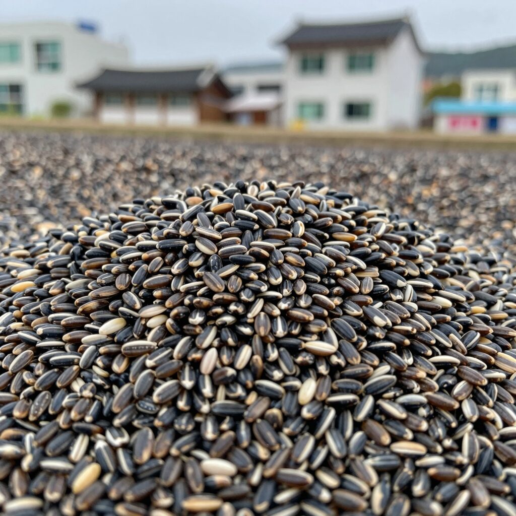 쌀 곰팡이로 인해 회색과 검은색으로 변색된 쌀알들
