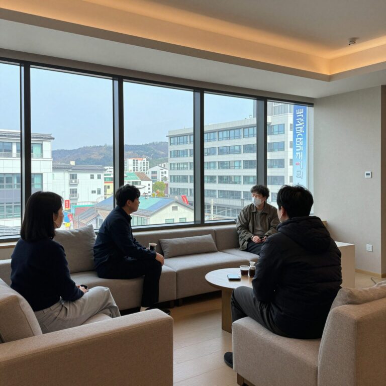 힐링펜션리뮤 거실에서 바라본 통유리 뷰와 아늑한 인테리어
