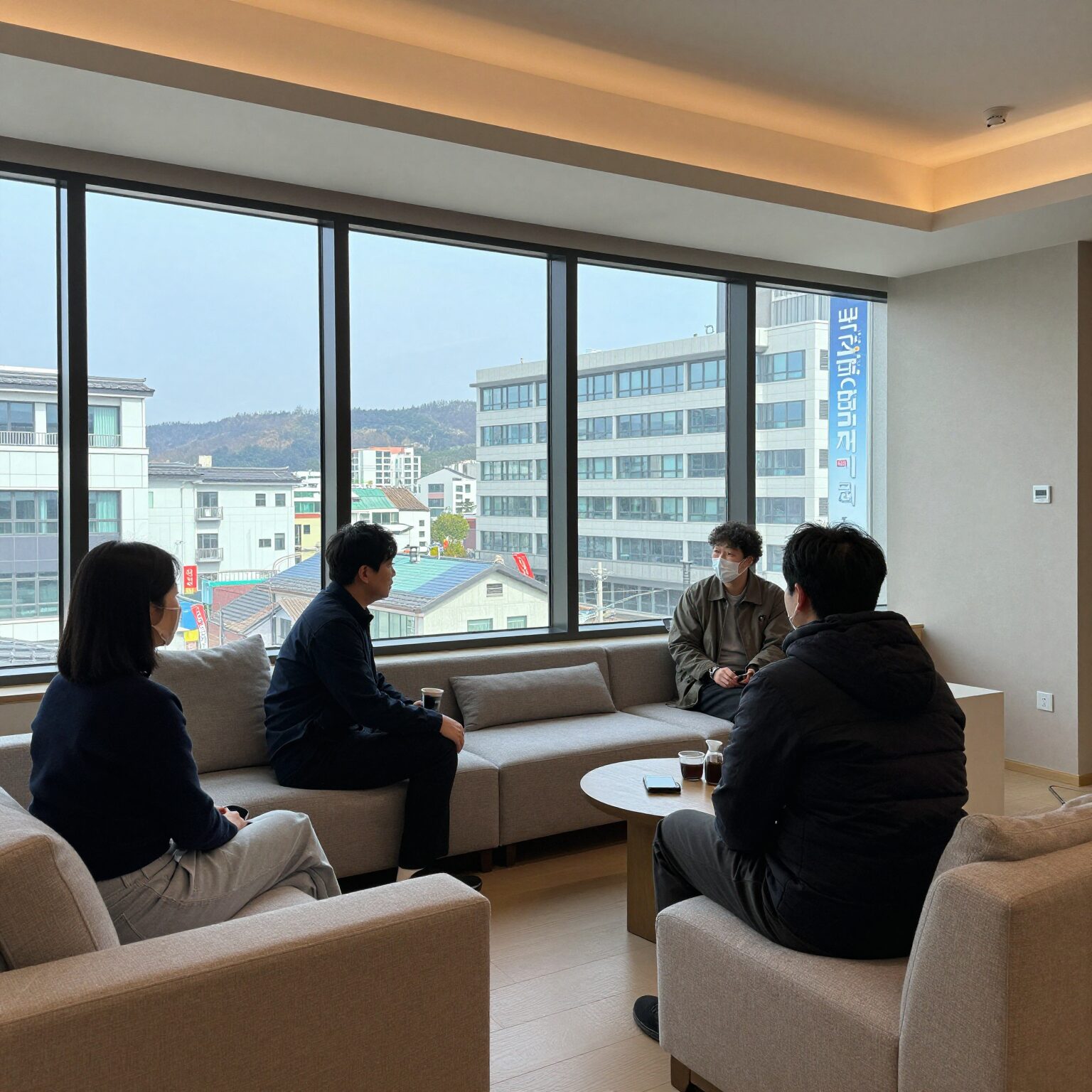 힐링펜션리뮤 거실에서 바라본 통유리 뷰와 아늑한 인테리어