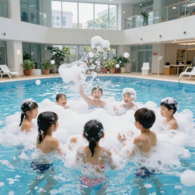 완도 리베라펜션 실내 수영장에서 진행하는 버블쇼 장면 아이들이 거품 속에서 즐거워하는 모습