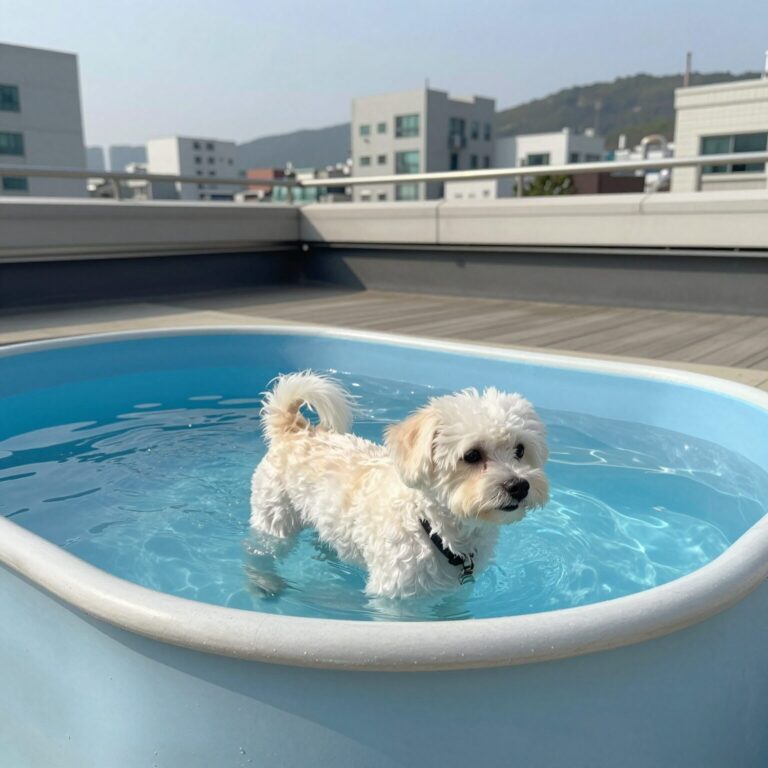 옥상에 설치한 강아지 전용 수영장에서 말티즈가 오리튜브를 타고 있는 모습