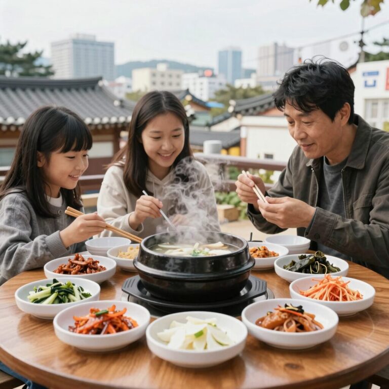 뜨끈한 한방삼계탕이 담긴 뚝배기와 반찬이 차려진 테이블 전체 모습
