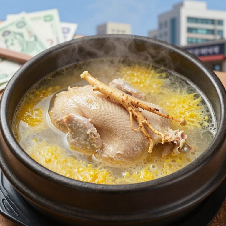 레토르트 삼계탕을 냄비에 끓인 완성 사진, 닭과 찹쌀, 인삼이 보인다