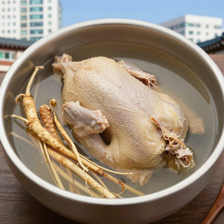 삼계탕 한 그릇에 담긴 닭고기, 인삼, 대추 등 다양한 재료가 보여 건강 효능을 강조하는 사진