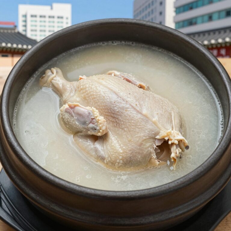 중탕 조리 후 뚝배기에 담긴 비비고 삼계탕 닭 한마리와 노르스름한 국물