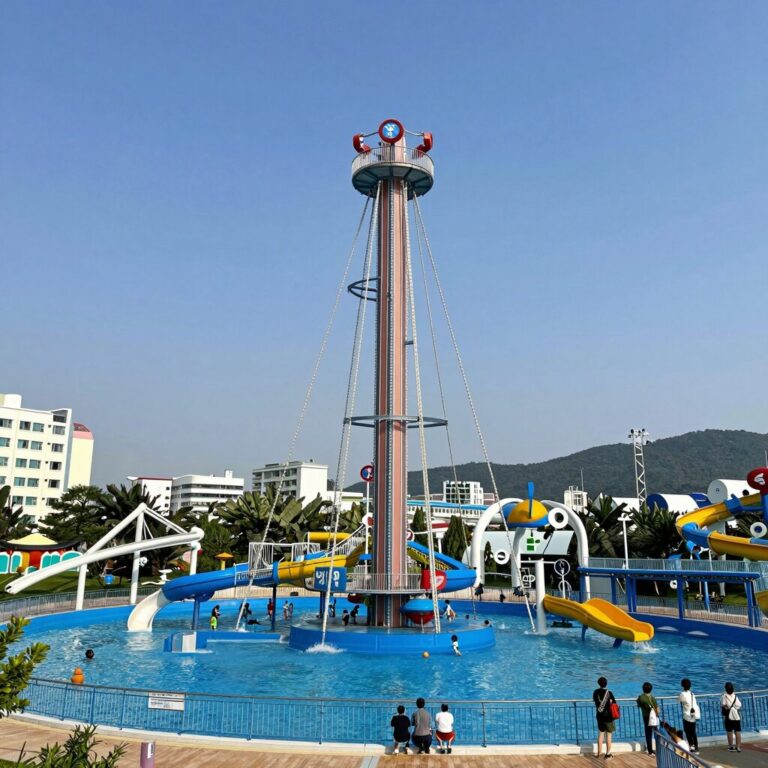 거제 세븐워터파크 전경과 다양한 수상 놀이기구