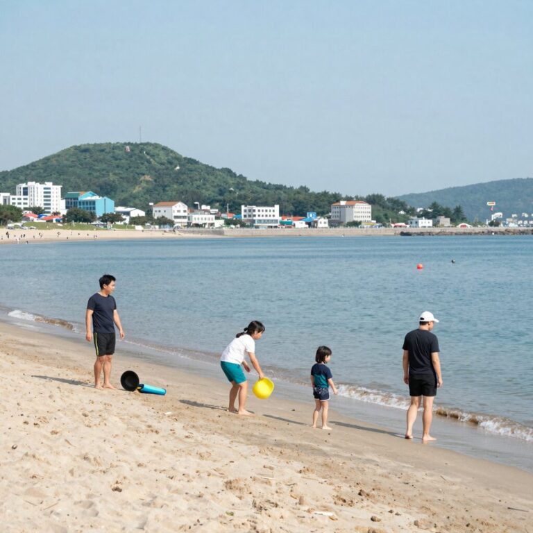 고성 송지호해수욕장에서 가족이 스노클링을 즐기는 모습