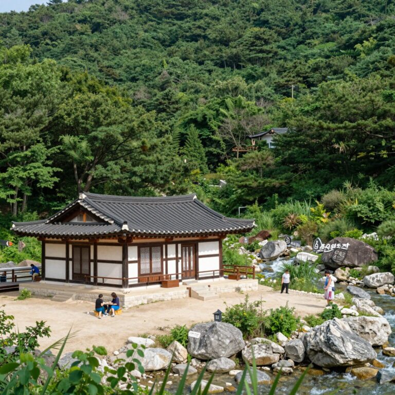 소금강 펜션 전경 숲과 계곡이 어우러진 독채 모습
