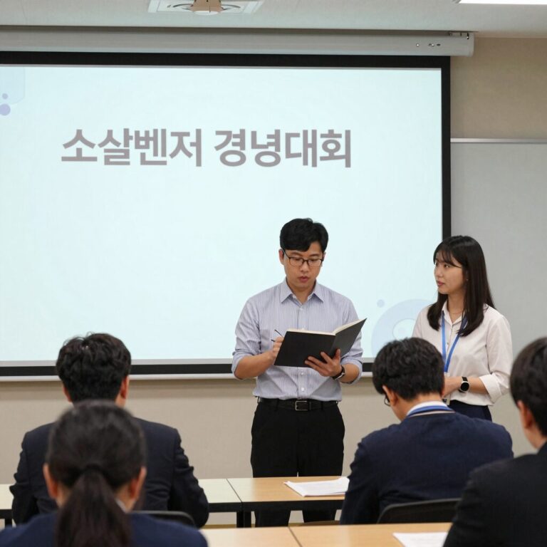 소셜벤처 경연대회 발표 현장에서 참가자들이 심사위원에게 프레젠테이션하고 있는 사진