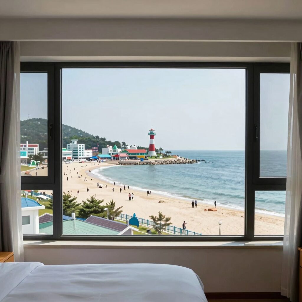 속초 해수욕장 오션뷰 호텔 객실에서 바라본 동해바다와 속초아이 대관람차 전망