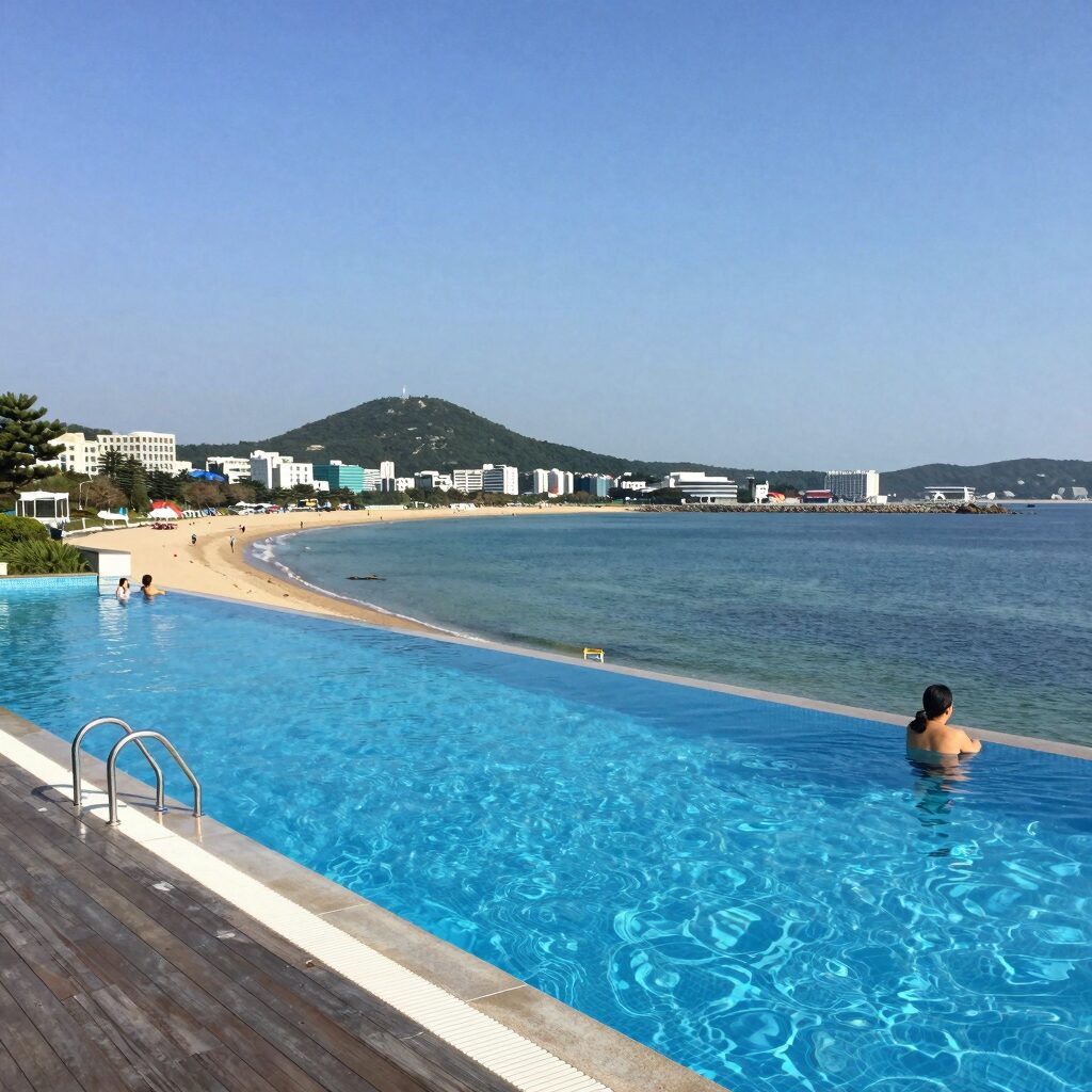 속초 수영장 호텔 카시아 속초의 오션뷰 객실과 인피니티풀이 보이는 전경