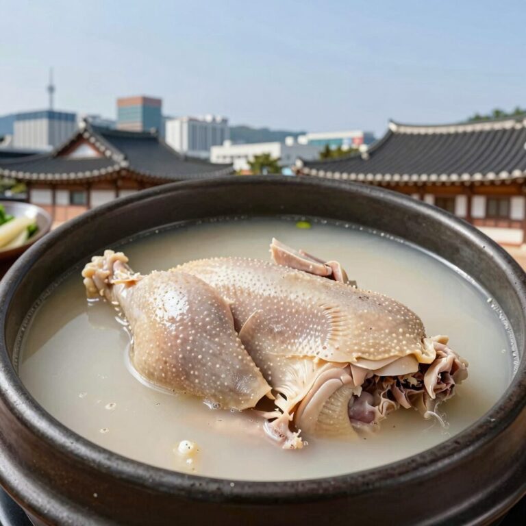 심가네황제능이백숙 능이전복삼계탕과 한방삼계탕 국물과 닭고기 모습