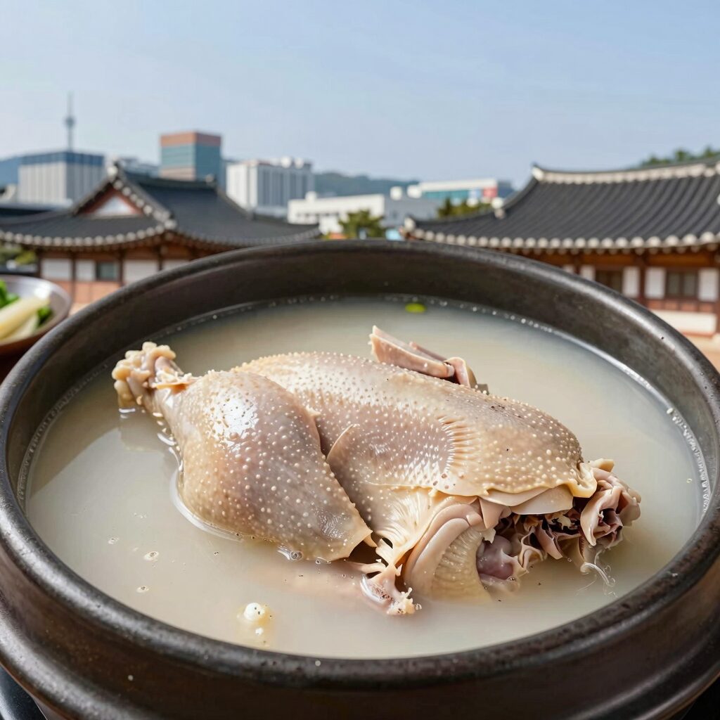 심가네황제능이백숙 능이전복삼계탕과 한방삼계탕 국물과 닭고기 모습