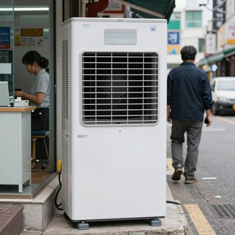 가게 매장에 설치된 스탠드형 에어컨 모습