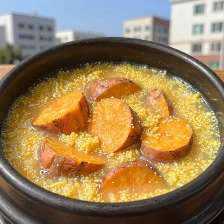 전기밥솥에서 갓 나온 단호박과 찹쌀이 어우러진 단호박죽 완성 사진