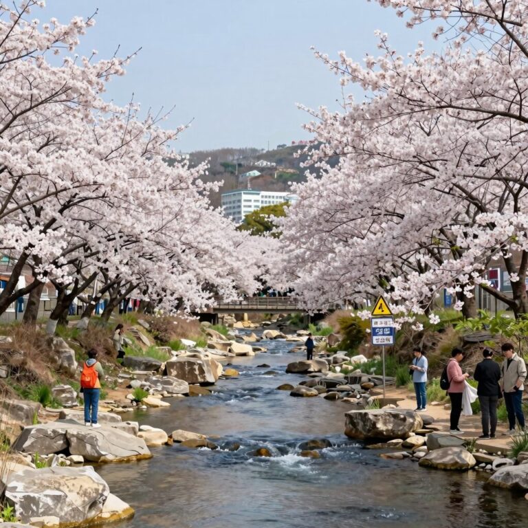 수도산자연휴양림 4월 진입로 계곡과 벚꽃 터널, 물이 맑고 수량이 풍부한 모습