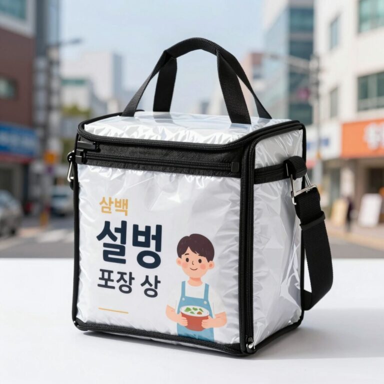 설빙 포장 상태를 보여주는 사진, 은박 보냉백과 비닐 캐리어로 이중 포장된 빙수