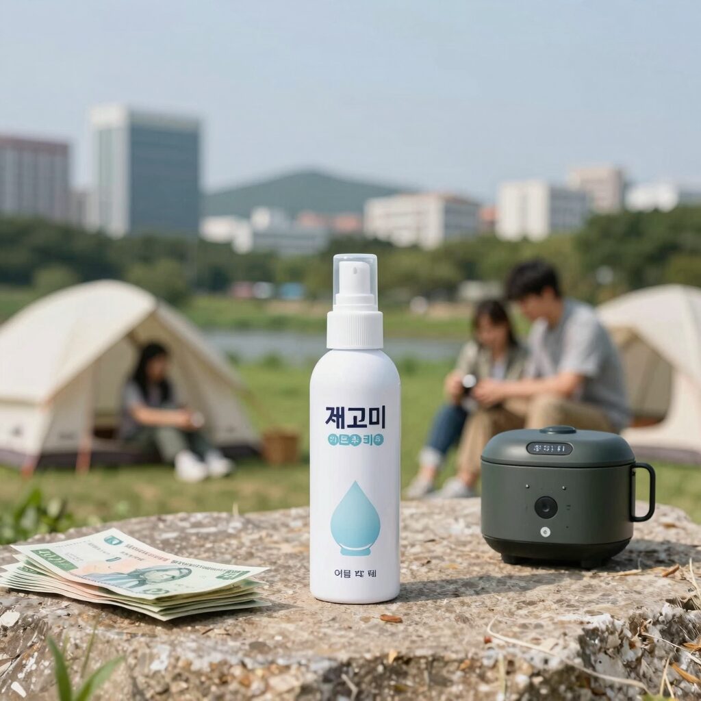 여름 캠핑 준비물로 깨꼬미 아웃도어 케어 미스트와 무선 선풍기를 함께 사용하는 모습