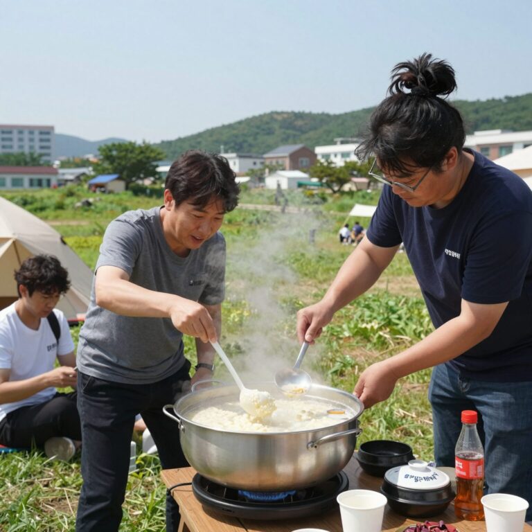 여름 캠핑장에서 소몽푸드 냉모밀 밀키트를 조리하며 시원한 육수를 붓는 모습