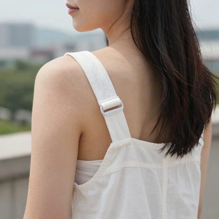 여름 청원피스 어깨끈 조절 디테일을 보여주는 사진