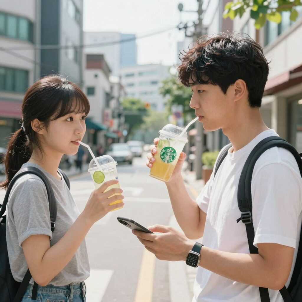 여름철 폭염과 장마를 고려한 안부문자 작성법을 설명하는 이미지로, 시원한 음료와 함께 메시지를 보내는 모습