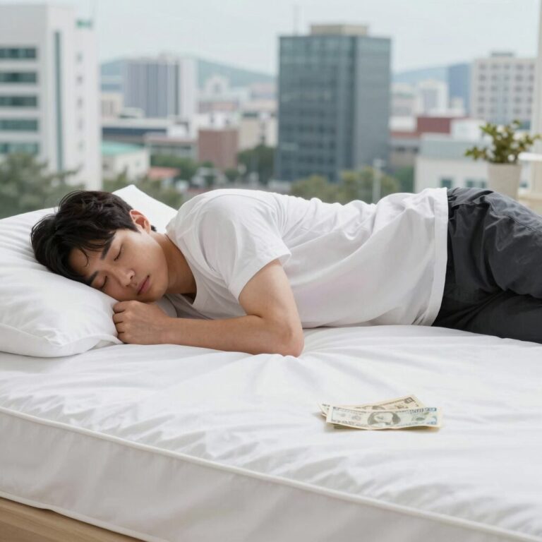 침대 위에 깔린 흰색 아이스 매트가 여름철 시원한 잠자리를 만들어주는 모습